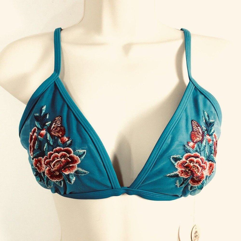 WALLFLOWER Women's BIKINI TOP XL Embroidered Flowers UPF 50 Removable Pads NWT